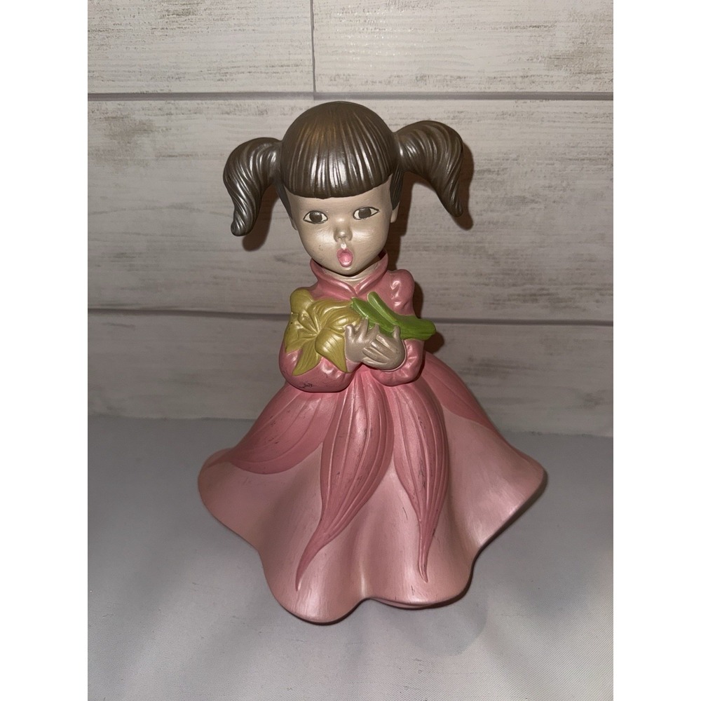 Vintage Ceramic Mold Girl Pigtails Pink‎ Bell Gown Dress 1968 Hand Painted